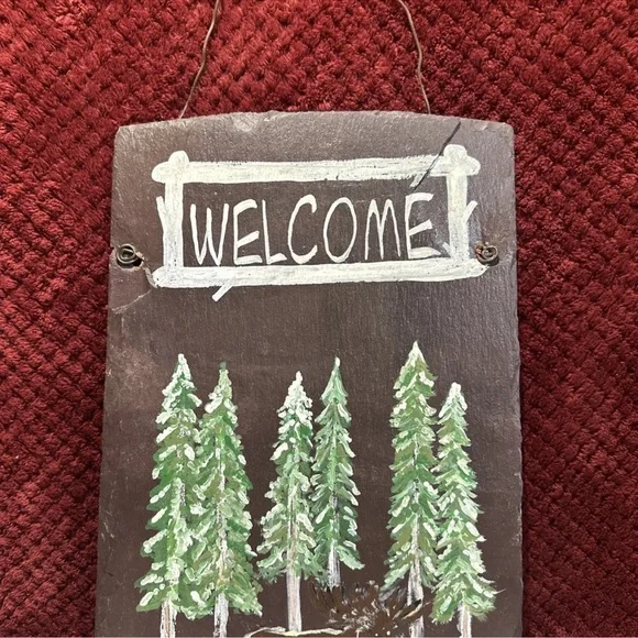 Door Decor, Rustic Welcome Sign, Outdoors Trees Moose Slate Art. 16x8. Bn, Green - Picture 3 of 6